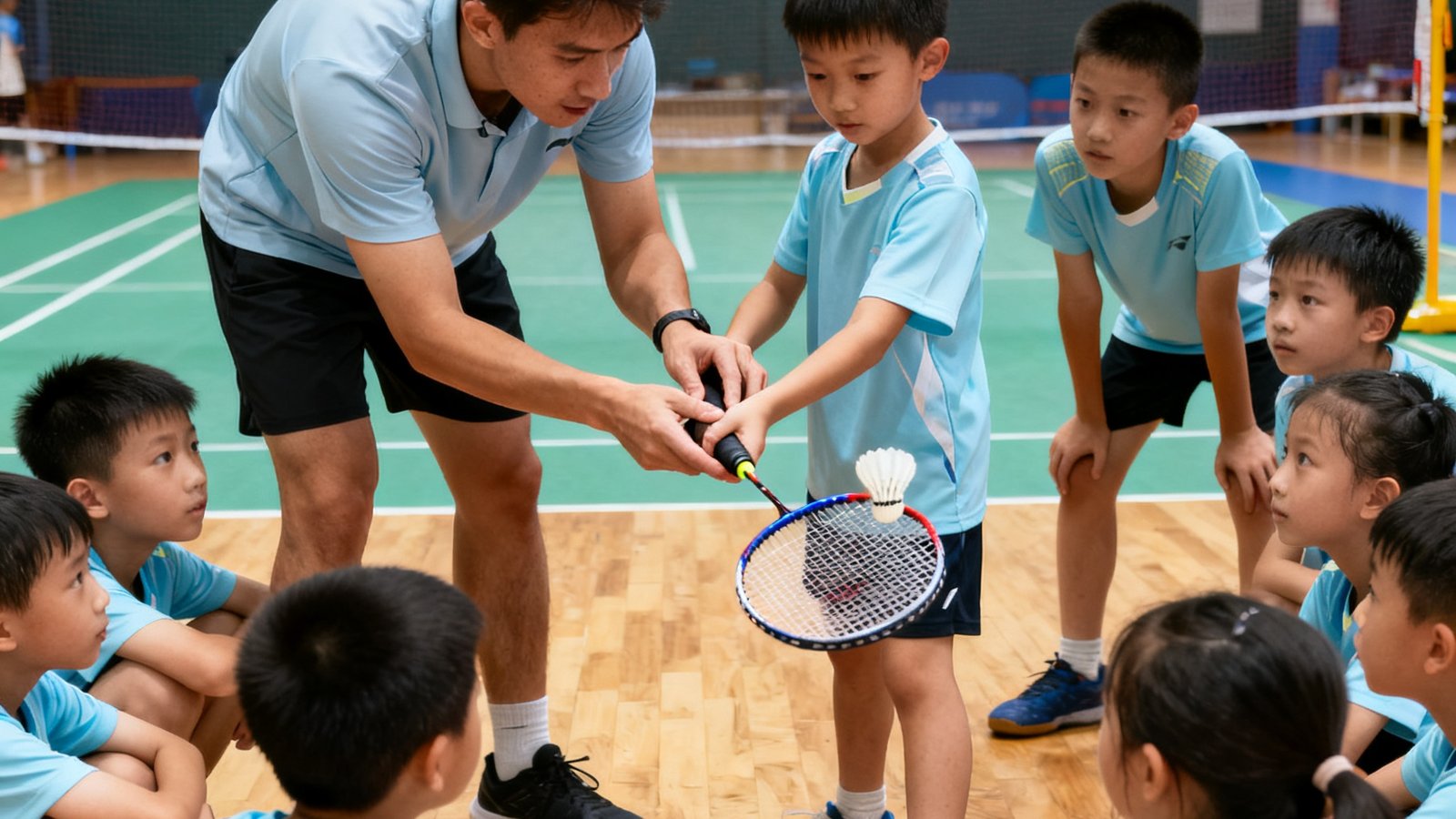 青少年羽毛球培训课堂，教练正在手把手纠正小学员的握拍姿势，孩子们认真专注