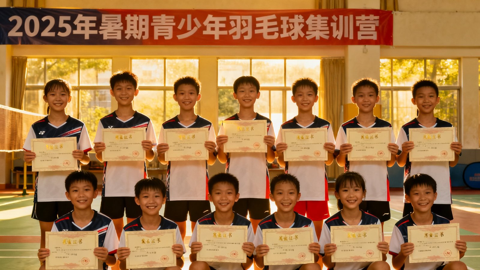 2025年暑期青少年羽毛球集训营结营大合影，学员们手持证书笑容灿烂