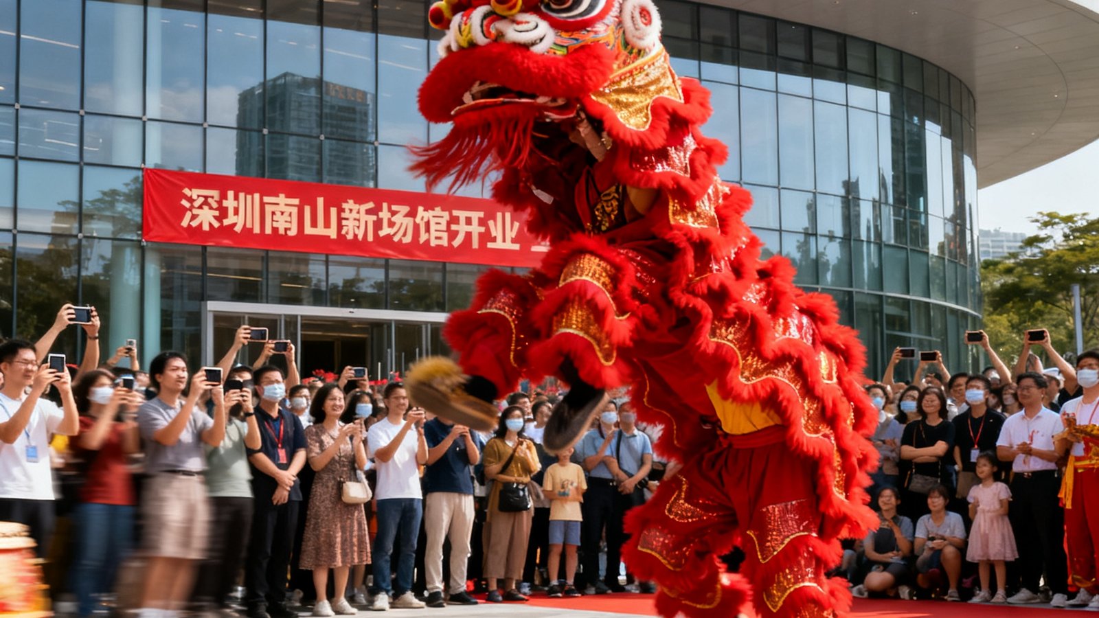 深圳南山新场馆开业仪式，醒狮表演热闹非凡，众多市民前来参观体验